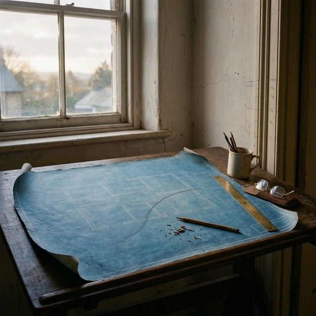 Blueprints spread across a desk by a window in soft daylight
