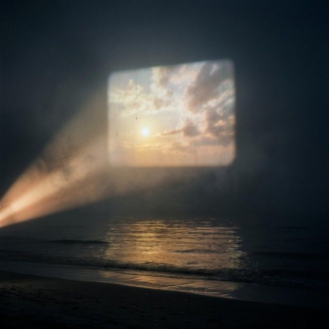 A beam of projector light throwing a sunset onto the dark above a quiet sea
