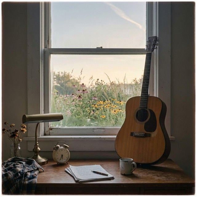 An acoustic guitar by a sunlit window, wildflowers outside, a lamp, clock and notebook on the desk